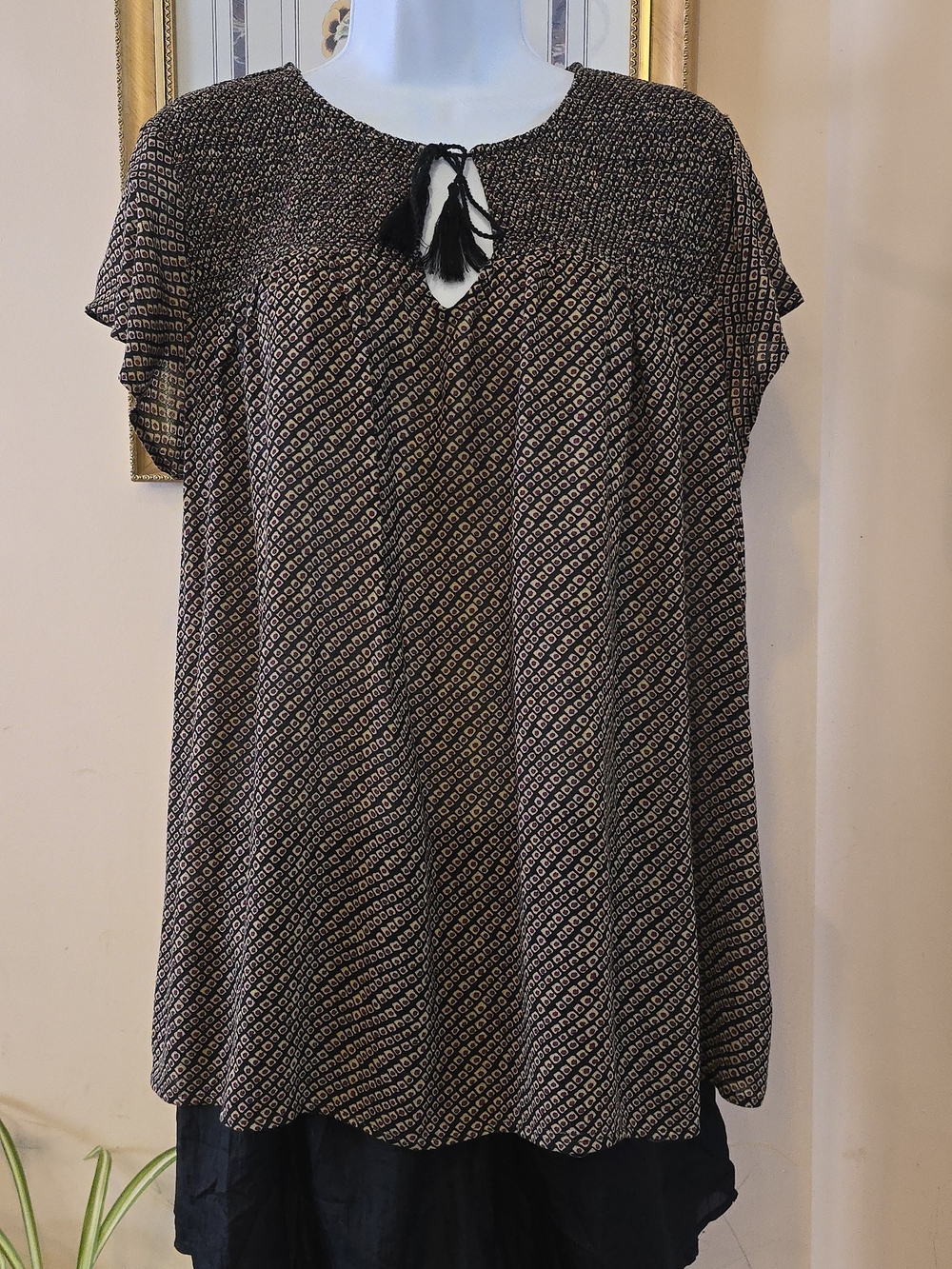 Lucky Brand Black & Cream Geometric Tie-Front Peasant Blouse